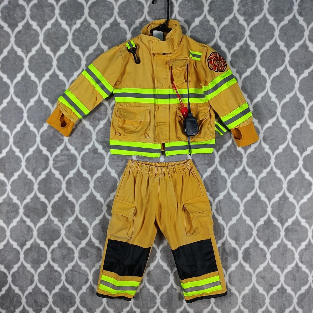 Firefighter Costume Kids 3T 4T Tan Reflective Two Piece Set Dress Up Halloween
